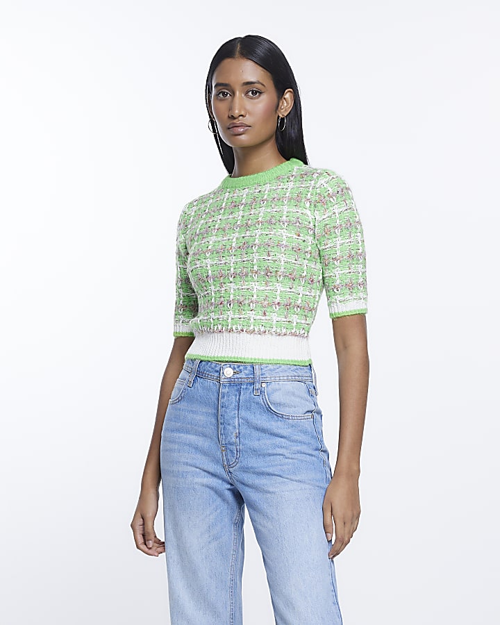 Green check knit short sleeve top