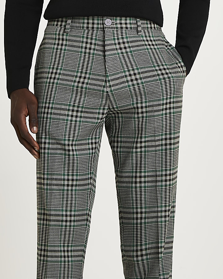Green check print loose fit trousers