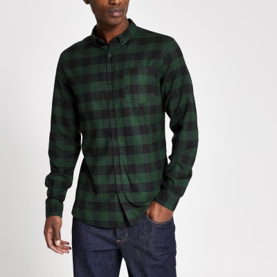 Green check slim fit check shirt | River Island