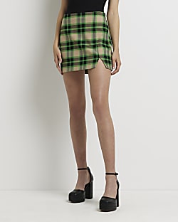 Green check split hem mini skirt