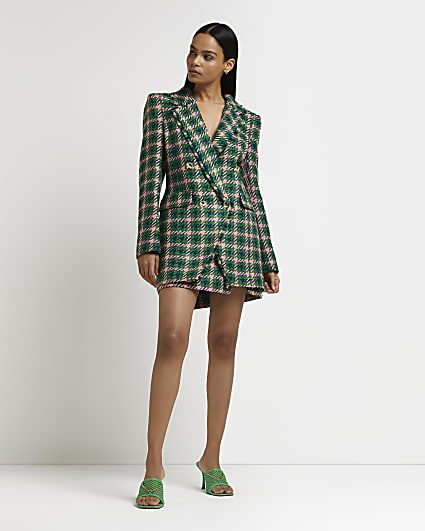 Green checked boucle double breasted blazer