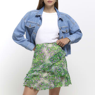 Green chiffon floral frill mini skirt