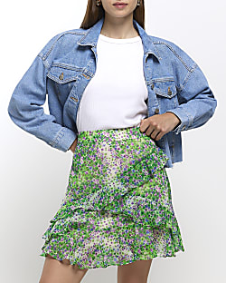 Green chiffon floral frill mini skirt