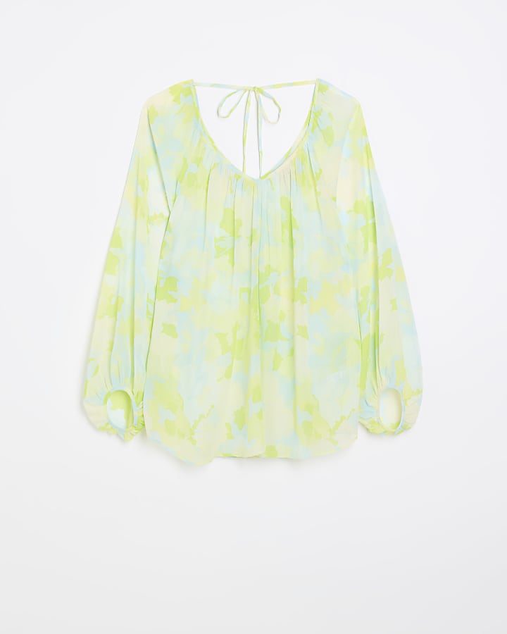 Green chiffon floral puff sleeve blouse