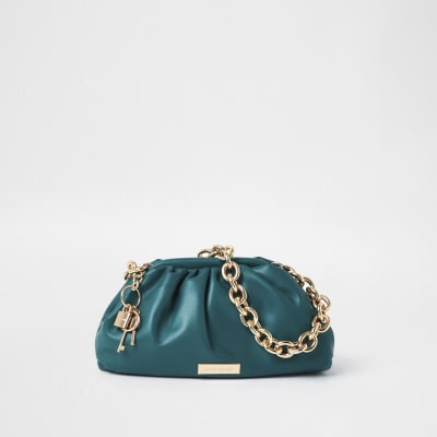 Green chunky chain ruched bag River Island