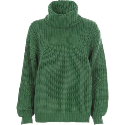 Green chunky knit roll neck jumper
