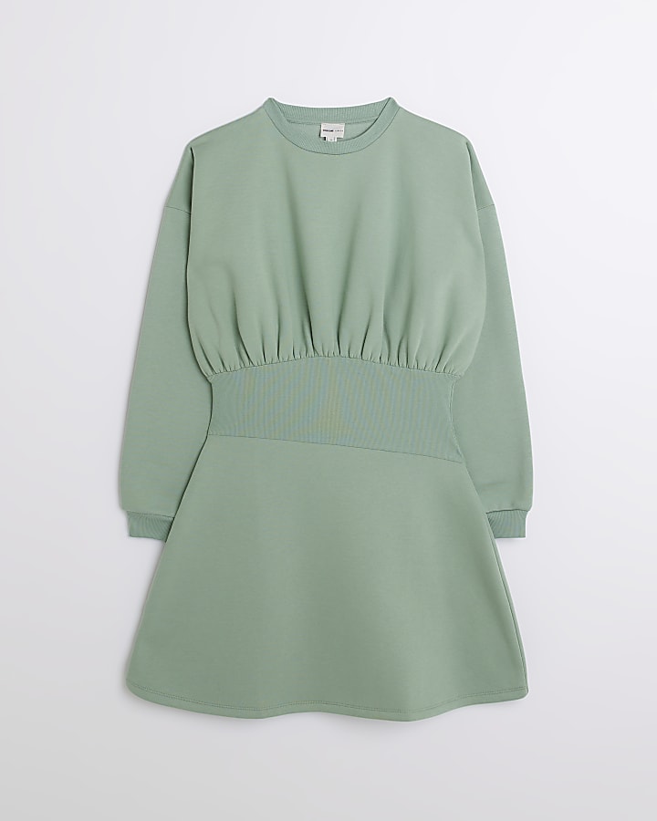 Green cinched waist sweatshirt mini dress