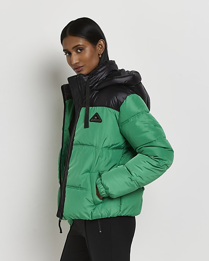 Green colour block padded coat