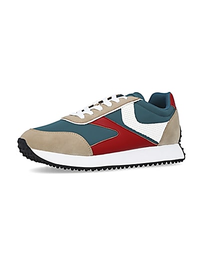 360 degree animation of product Green colour block retro runner trainers frame-1