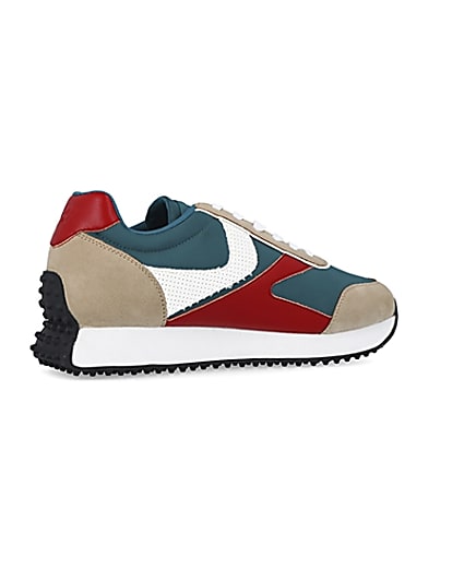 360 degree animation of product Green colour block retro runner trainers frame-13