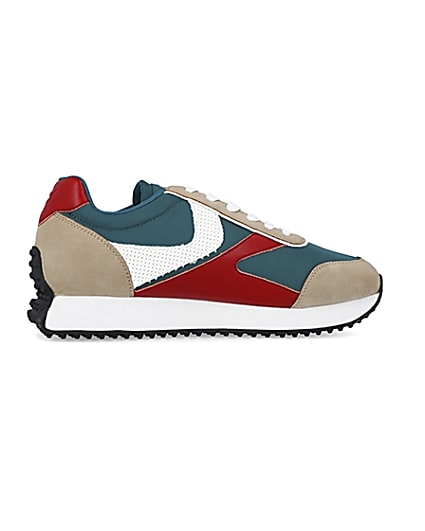 360 degree animation of product Green colour block retro runner trainers frame-14