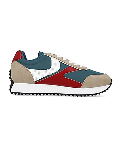 360 degree animation of product Green colour block retro runner trainers frame-15
