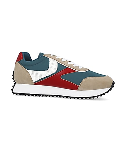 360 degree animation of product Green colour block retro runner trainers frame-16