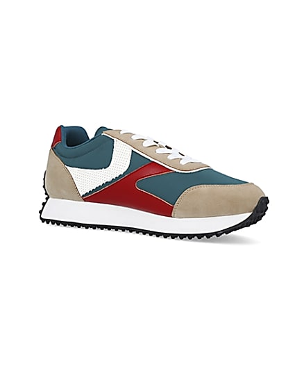 360 degree animation of product Green colour block retro runner trainers frame-17