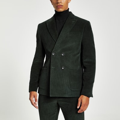 Green cord double breasted skinny suit jacket