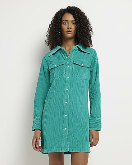 Green corduroy long sleeve mini shirt dress