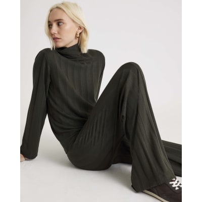 Green Cosy Wide Ribbed Trousers