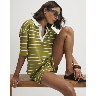 Green Cotton Short Sleeve Stripe Polo Top