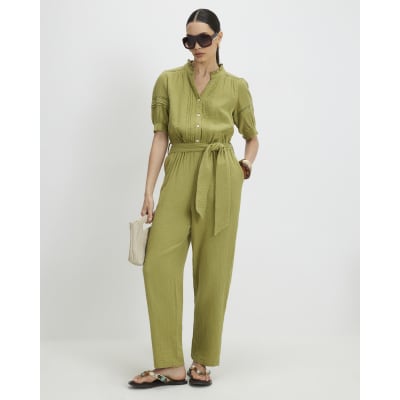 Green Cotton Textured Jumpsuit