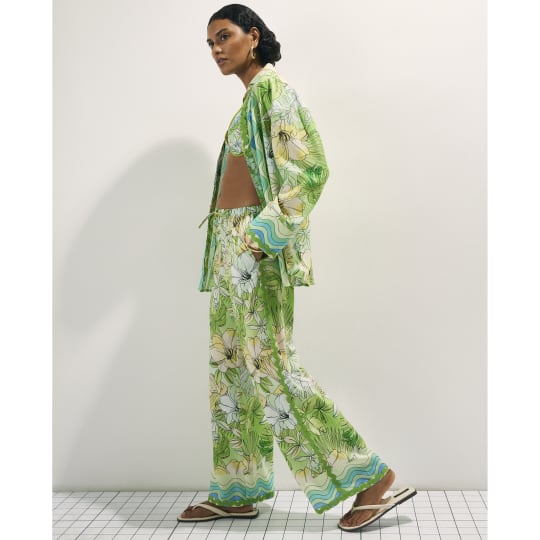 River Island Green Cotton Tropicana Wide Leg Trousers