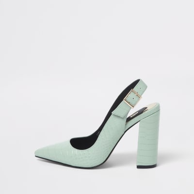 Green croc block heel sling back court shoes