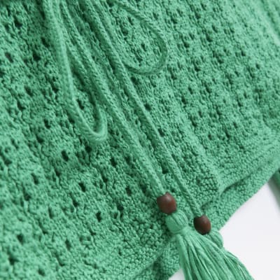 Green crochet belted top River Island