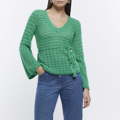 Green crochet belted top River Island