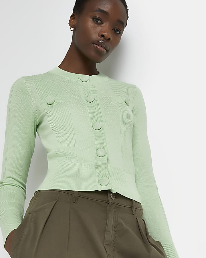 Green cropped knitted cardigan