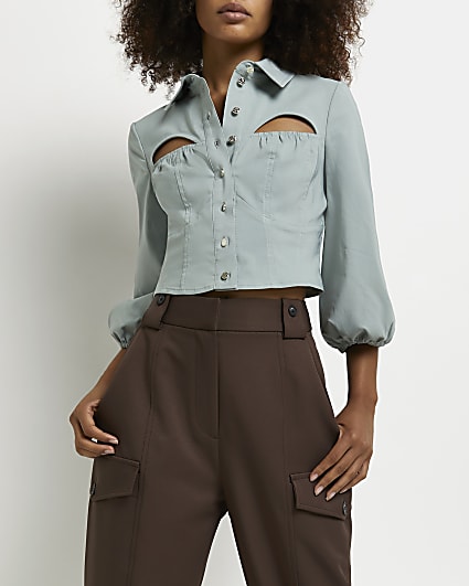 Green cut out cropped shirt