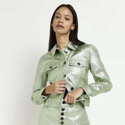 Green denim metallic coated jacket River Island