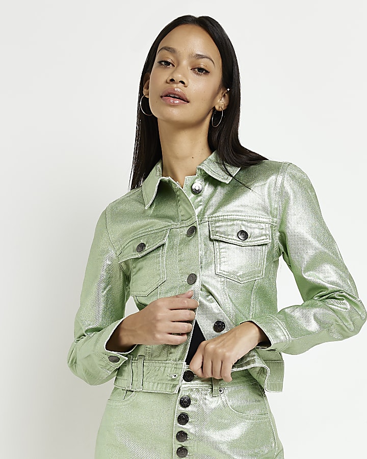 Green denim metallic coated jacket