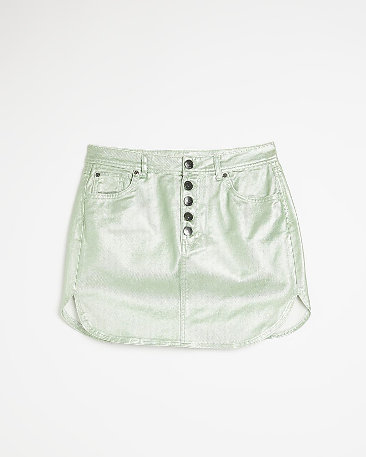 Green denim metallic coated mini skirt