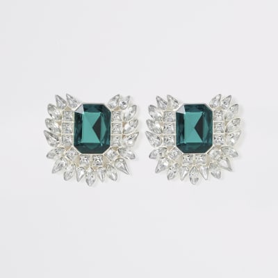 Green diamante jewel statement earrings | River Island