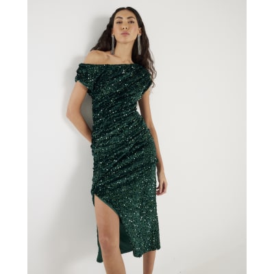 Green Drape Velvet Sequin Midi dress
