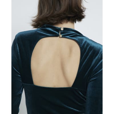Green Draped Feathered Cuff Velvet Mini Dress River Island