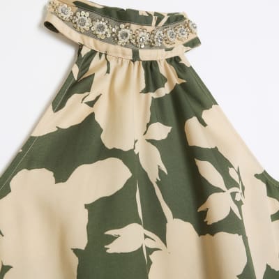 Green embellished halter neck top