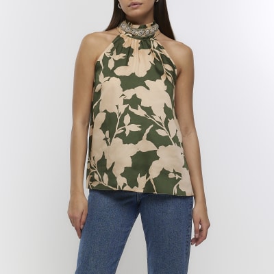 Green embellished halter neck top