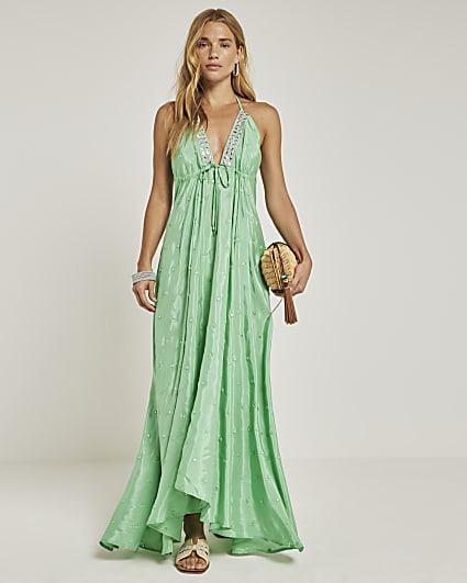 Green embellished plunge beach maxi dress