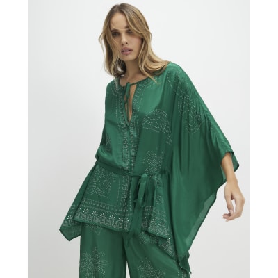 Green Embellished Tie Front Kimono Top