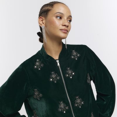 Green velvet hot sale bomber jacket