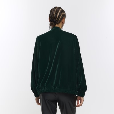 Green embellished velvet bomber jacket River Island