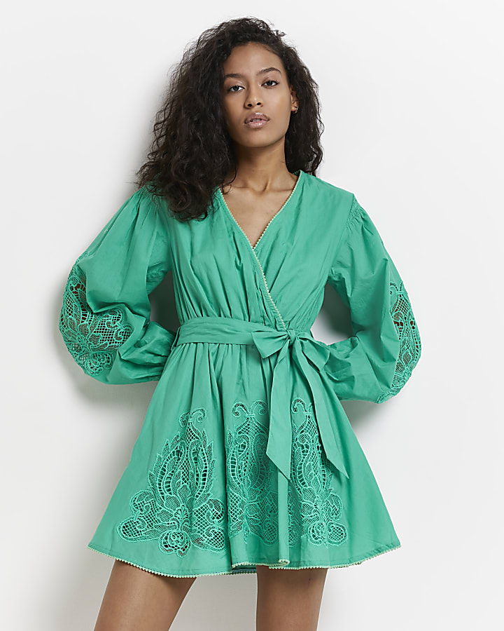 Green embroidered wrap mini dress
