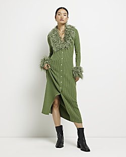 Green faux fur bodycon cardigan midi dress