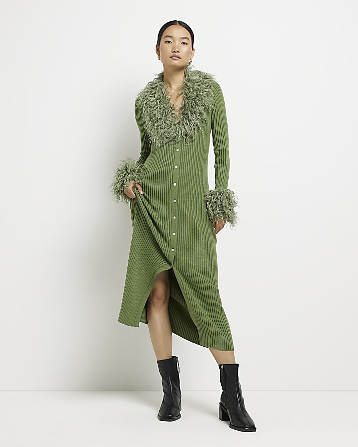Green faux fur bodycon midi dress