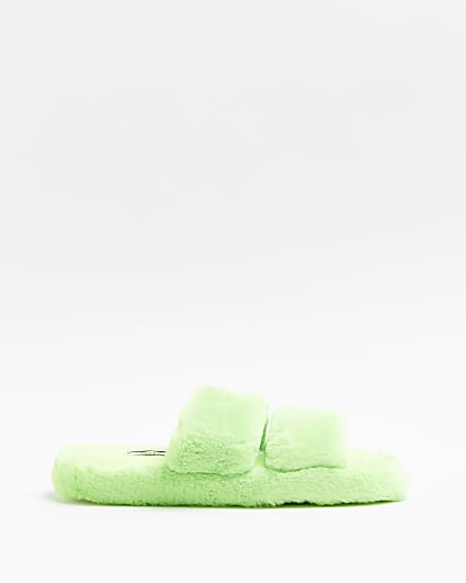 Green faux fur slippers