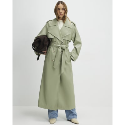 Green Faux Leather Belted Trench Coat