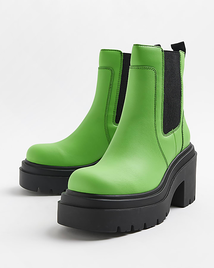 Green faux leather chunky chelsea boots