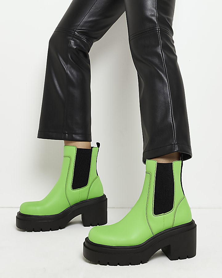 Green faux leather chunky chelsea boots