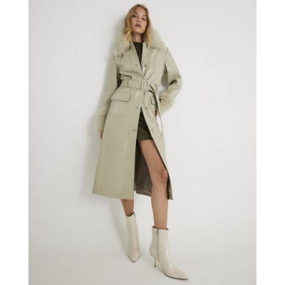 Green Faux Leather Fur Trim Trench Coat