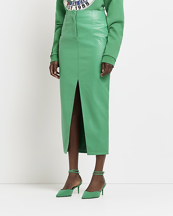 Green faux leather midi skirt